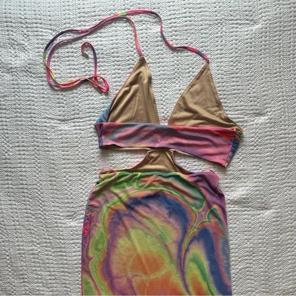 AFRM Tie-Dye Pink and Yellow Abstract Bodycon Halter Tessa Mesh Midi Dress Small - Picture 5 of 13